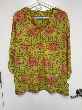 Blue Ginger Light Weight  Green & Peach Patterned Women's Tunic Top Size L